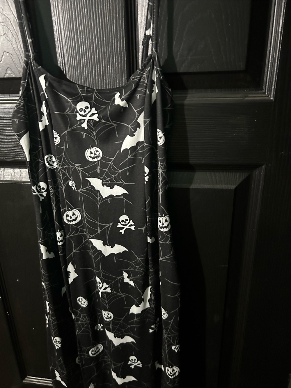 Women's Black Halloween Maxi Dress with Bat & Skull Print